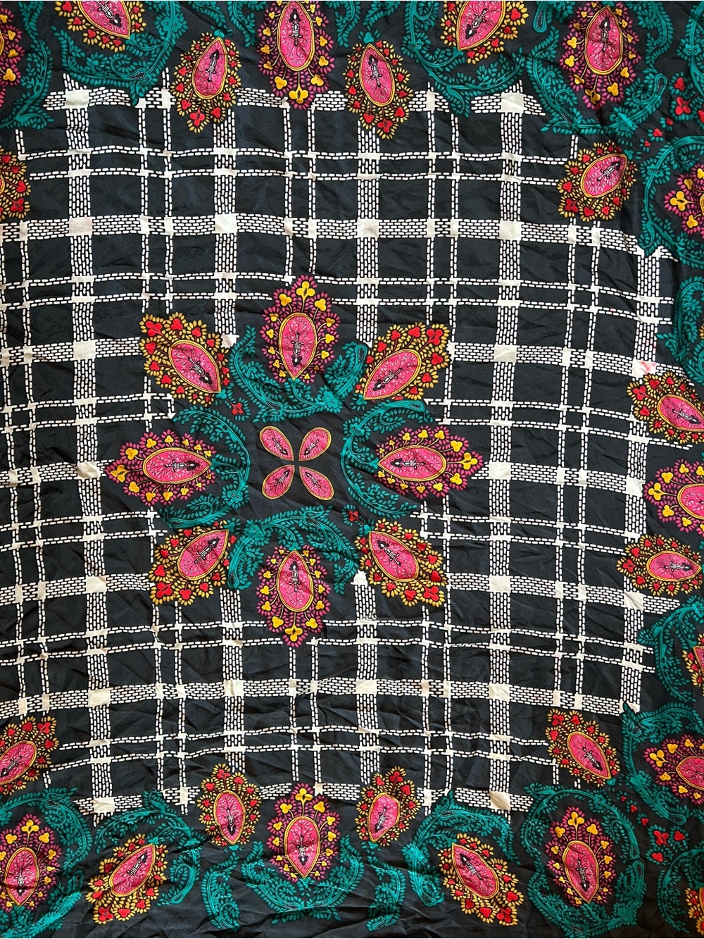 Diane Von Furstenberg Navy Scarf with Pink and Teal Floral Medallions - Picture 2 of 8